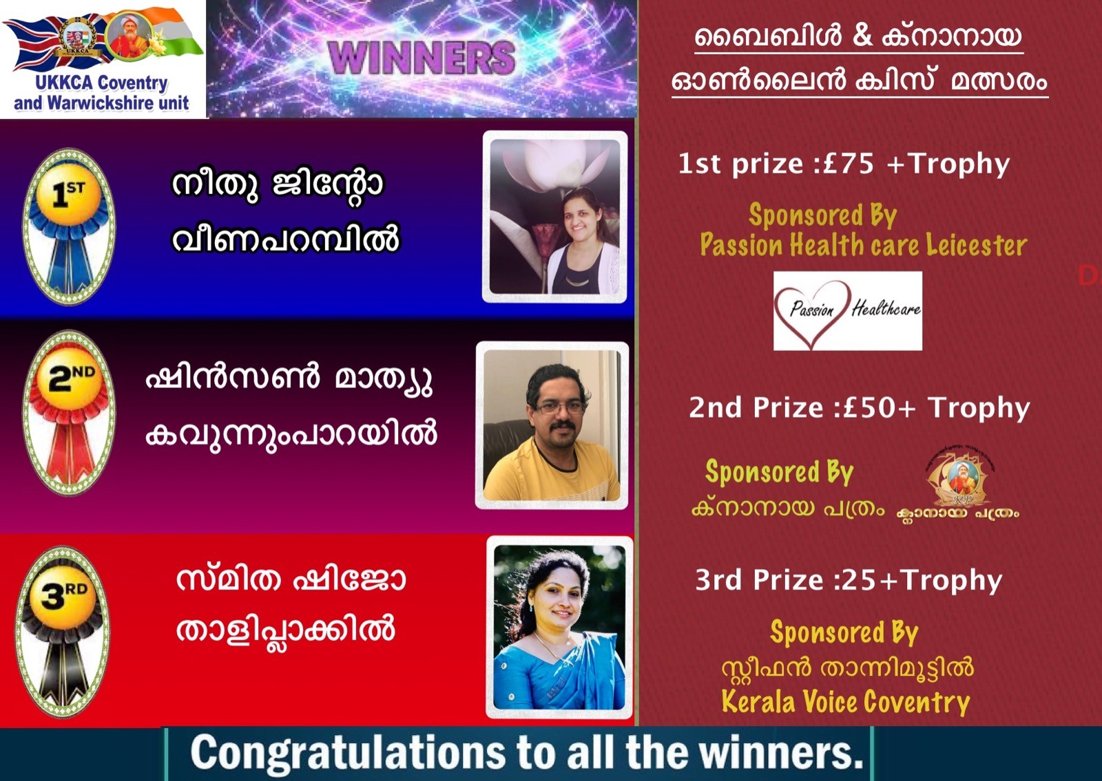 യു കെ കെ സി എ കവന്ററി & വാർവിക്ഷയർ യൂണിറ്റിന്റെ ഓൺലൈൻ ക്വിസ് മത്സര വിജയികൾ 