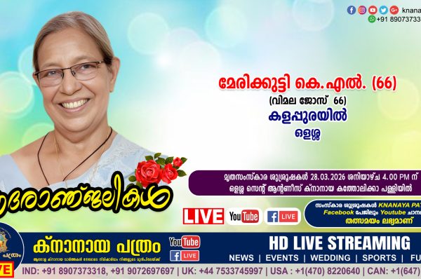 ഒളശ്ശ കളപ്പുരയിൽ മേരിക്കുട്ടി കെ.എൽ. (വിമല ജോസ് – 66) നിര്യാതയായി. LIVE FUNERAL TELECASTING AVAILABLE