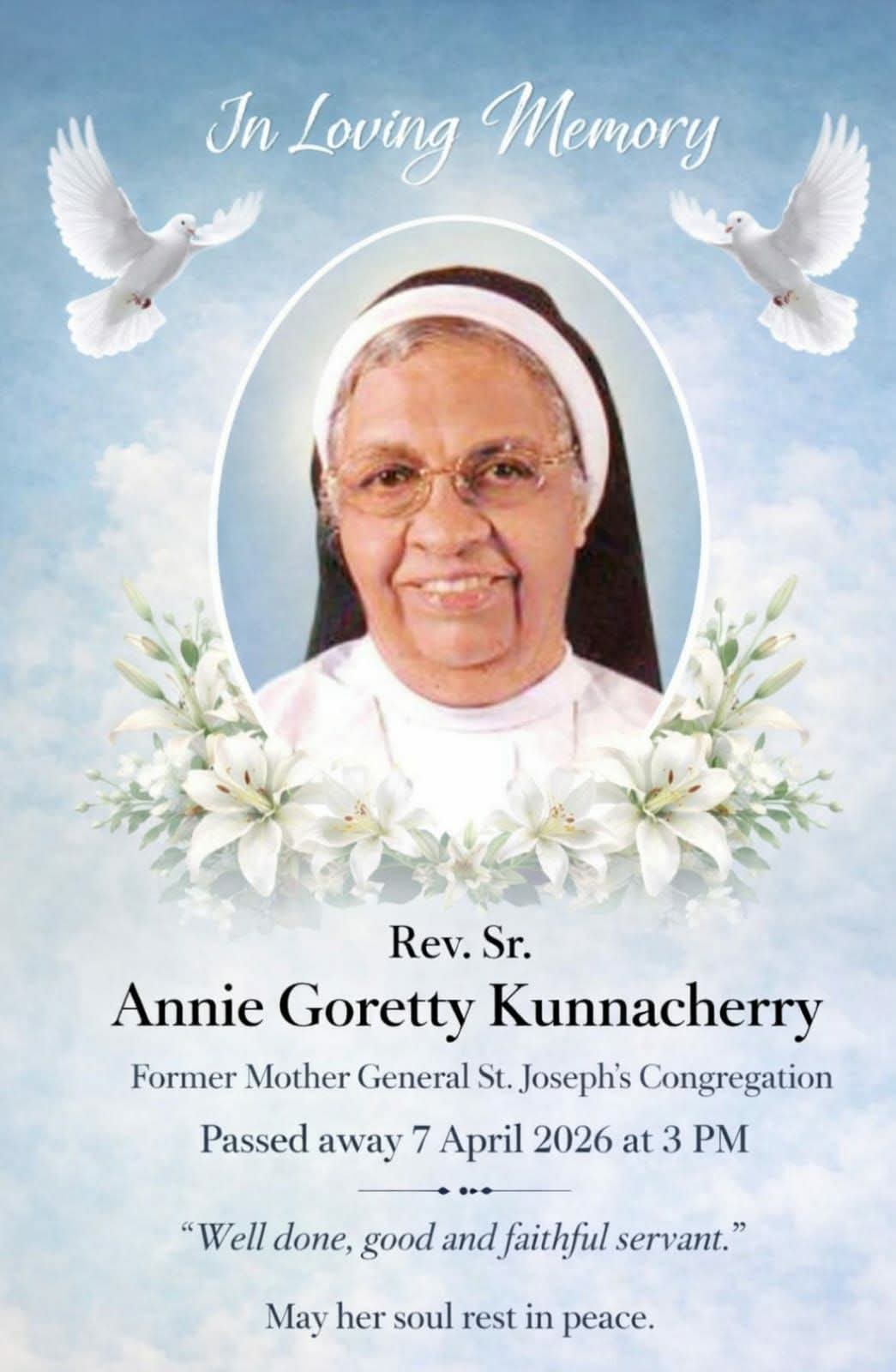 റവ: സി: ആനി ഗൊരേത്തി കുന്നശേരി നിര്യാതയായി .