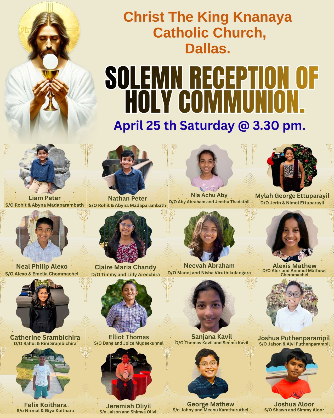 ഡാളസ്സ് ഇടവക ആഘോഷമായ ദിവ്യകാരുണ്യ സ്വീകരണം ഏപ്രിൽ 25 ന്: