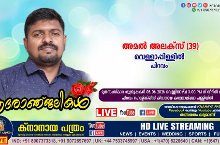 പിറവം വെള്ളാപ്പിള്ളിൽ അമൽ അലക്സ് (39) നിര്യാതനായി. LIVE FUNERAL TELECASTING AVAILABLE